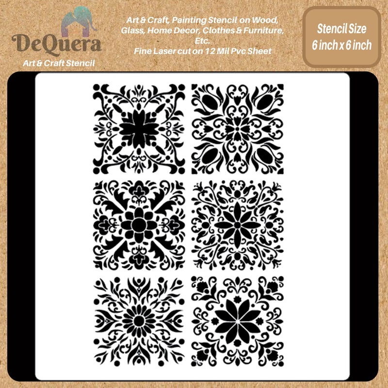 DeQuera Modern Tile Stencils for Flooring Square Tiles Decorative Mandala Stencils for Wall DIY Mandala Stencils for Craft and Art Mandala Art Design Stencils Size 6 x 6 Inch DQL1001