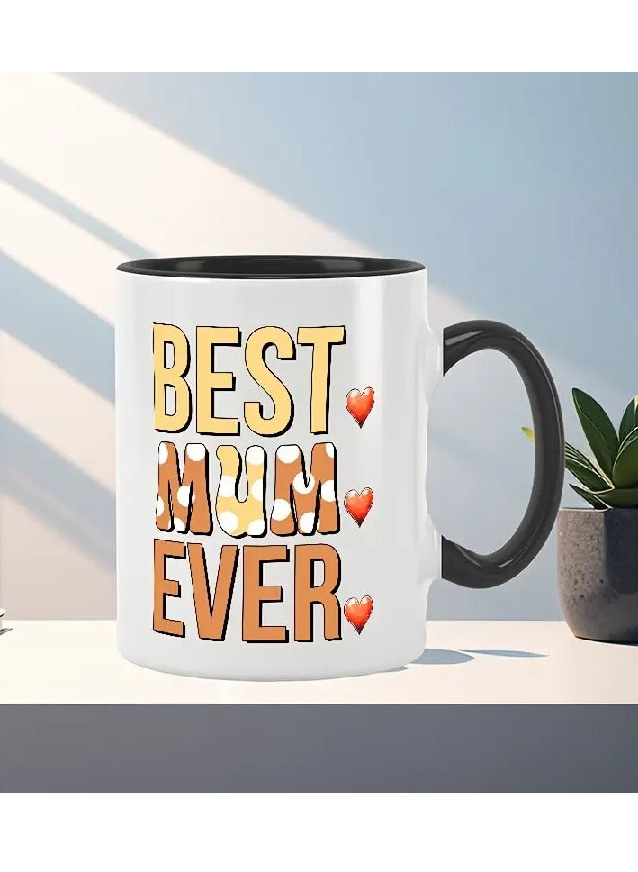 RYN 11oz "BEST MUM EVER" Ceramic Coffee Mug with Colorful Pen Holder - Stylish & Heartfelt Gift for Mother's Day, Valentine's, , Dual-Sided Printed BLACK - Image 1