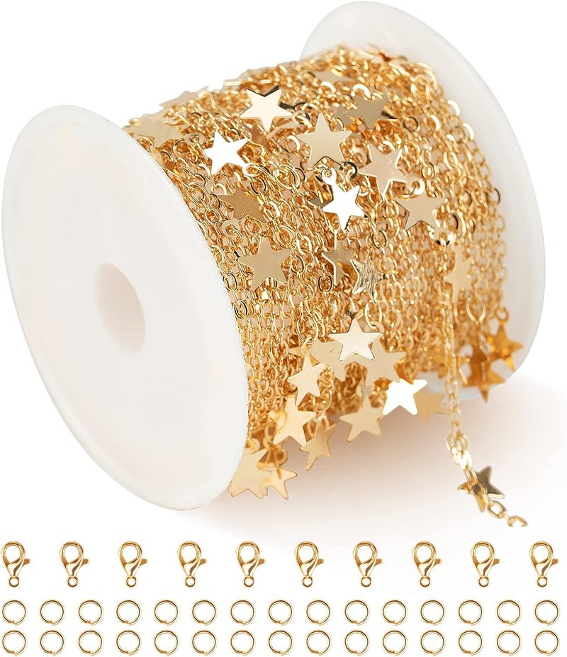 YOUBEIYEE 16.4 Feet Star Link Chain for Jewelry Making Women Necklace Chain Roll, Gold Plated Cable Chains Bulk with Jump Rings and Lobster Clasps - Image 1