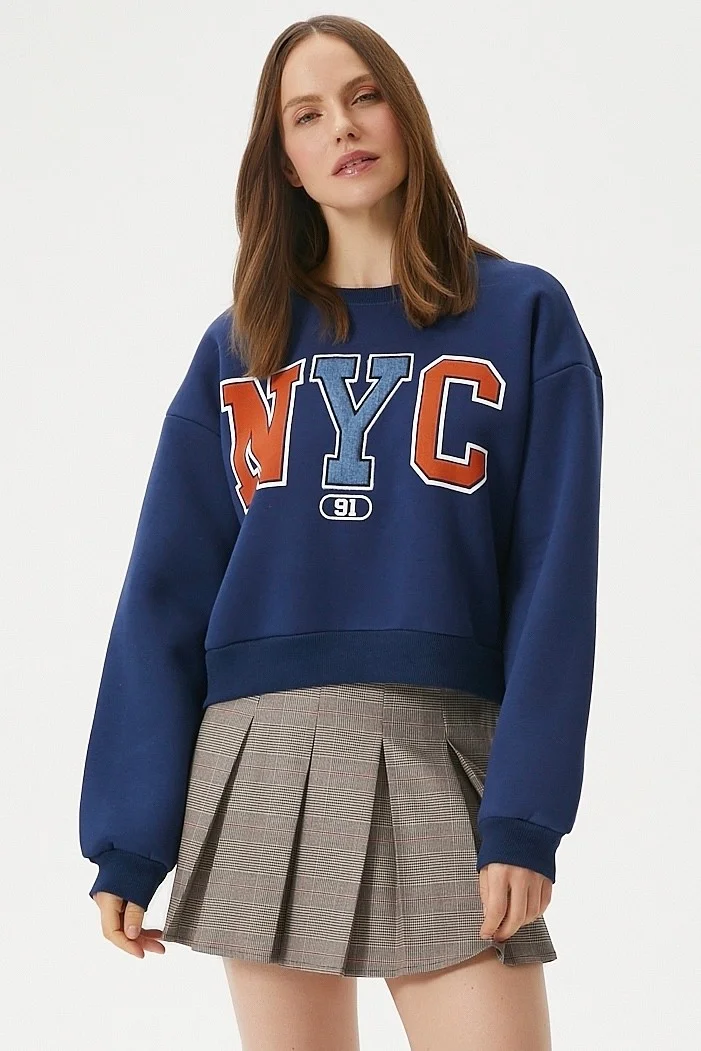 Ritnice Women's Cool Navy Blue Orange Raised Sweatshirt