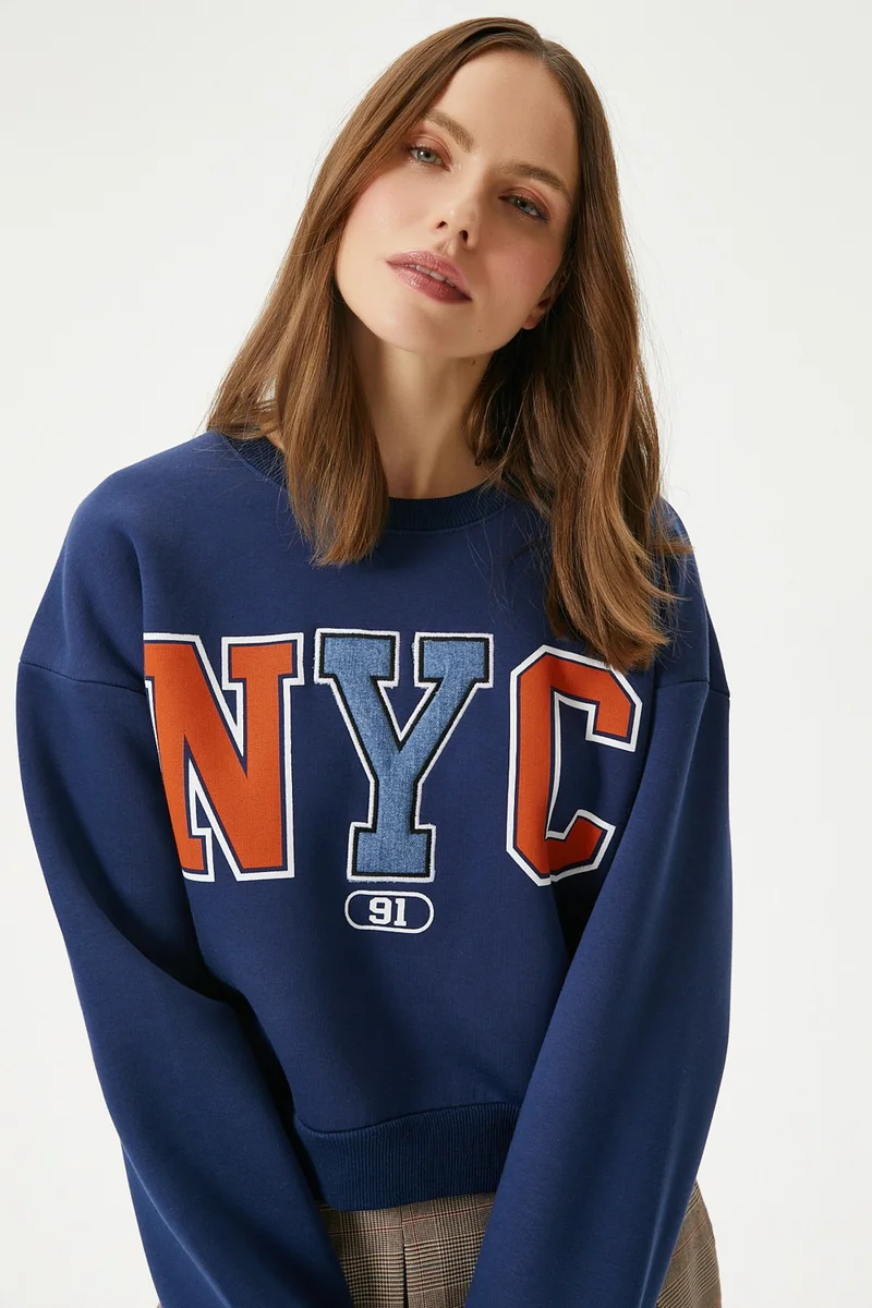 Ritnice Women's Cool Navy Blue Orange Raised Sweatshirt