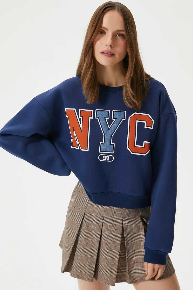 Ritnice Women's Cool Navy Blue Orange Raised Sweatshirt