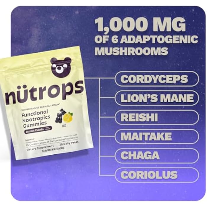 Grüns Nutrops Lions Mane Mushroom Gummies for Adults, Functional Nootropics, Herbal Brain Supplement for Energy, Brain Health, Cognitive, Memory & Focus, Reishi, Chaga, Cordyceps, Coriolus, 28 Count - Image 3