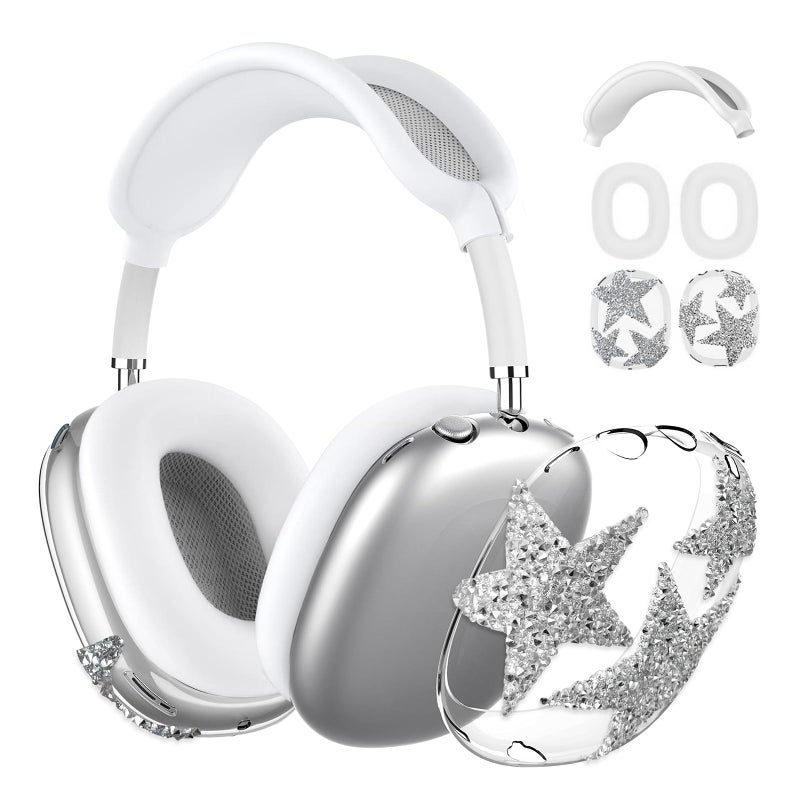 TYSORETY 3-in-1 Case Cover for AirPods Max Headphones, Apple AirPod Max Accessory Protective Cover, Headband/Silicone Ear Pad/Clear TPU Shiny Rhinestone Star Ear Cups Covers, Anti-Scratch and Sweat-Proof - Image 1
