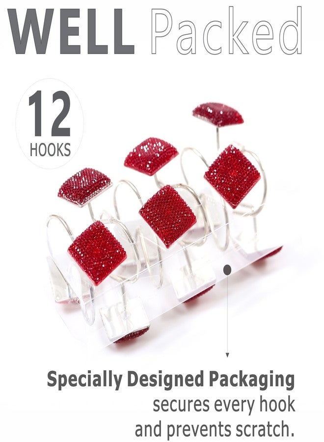 Popkozzi Red Shower Curtain Hooks Rings: 12 Pcs Bling Glitter Sparkle Shiny Square Crystal Diamond Decorative Shower Curtain Rings - Luxury Fancy Christmas Holiday Curtain Hooks & Hangers for Bathroom - Image 5