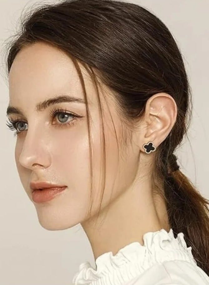 Luxuria 18K Gold Plated Stainless Steel Four Leaf Clover Stud Earrings, Fashion Jewelry Gift for Women and Girls, Must-Have Artwork - Black - Image 2