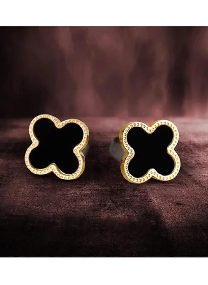 Luxuria 18K Gold Plated Stainless Steel Four Leaf Clover Stud Earrings, Fashion Jewelry Gift for Women and Girls, Must-Have Artwork - Black - Image 3