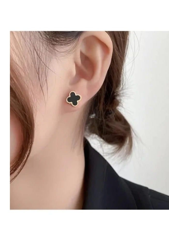 Luxuria 18K Gold Plated Stainless Steel Four Leaf Clover Stud Earrings, Fashion Jewelry Gift for Women and Girls, Must-Have Artwork - Black - Image 5