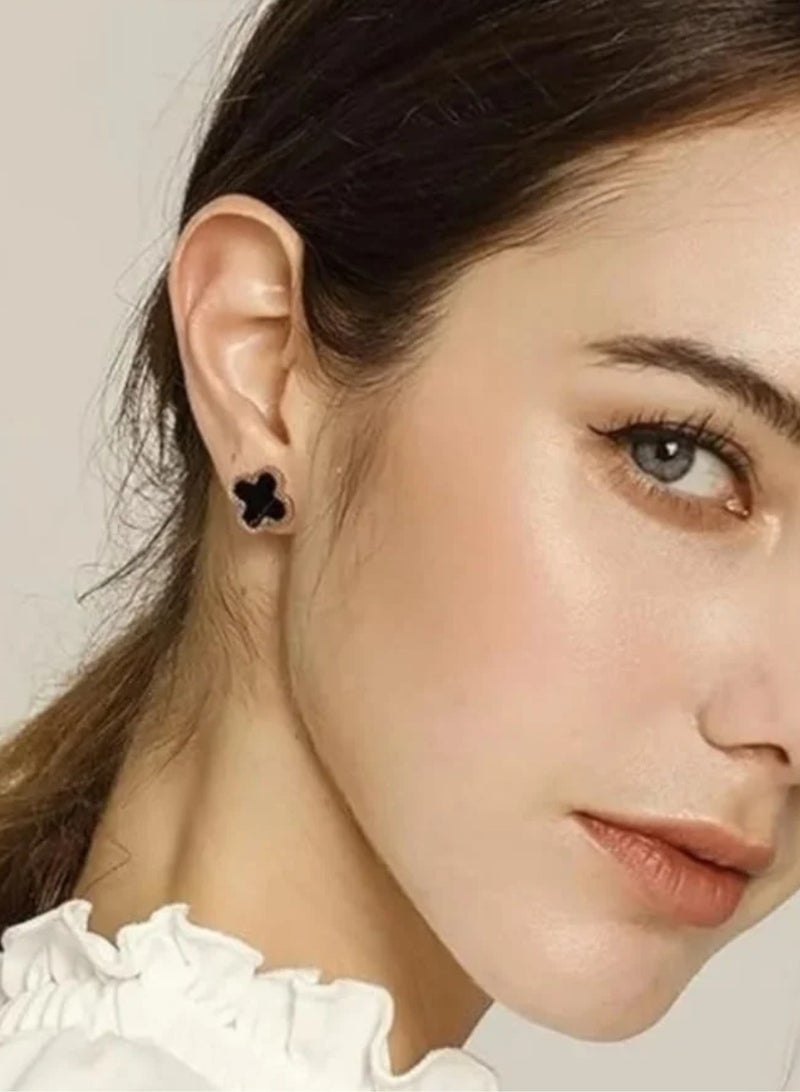 Luxuria 18K Gold Plated Stainless Steel Four Leaf Clover Stud Earrings, Fashion Jewelry Gift for Women and Girls, Must-Have Artwork - Black - Image 1