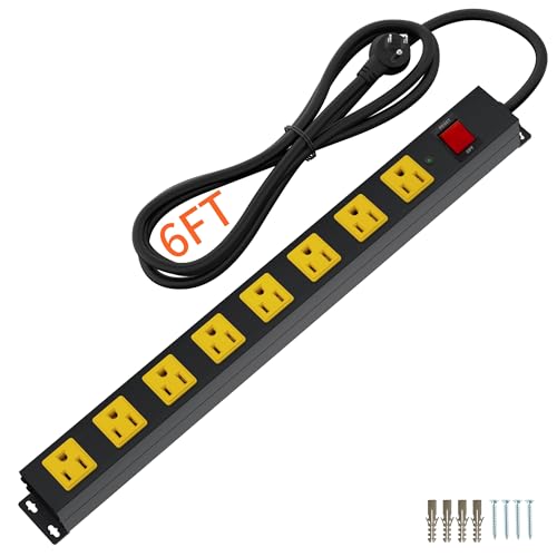 OKCHILD 8 Outlet Metal Heavy Duty Long Power Strip, 2100J Surge Protector with 6 FT Extension Cord, Wide Spaced and Wall Mount Powerstrip for Home, Industrial, Workshop & Garage (6FT) - Image 1