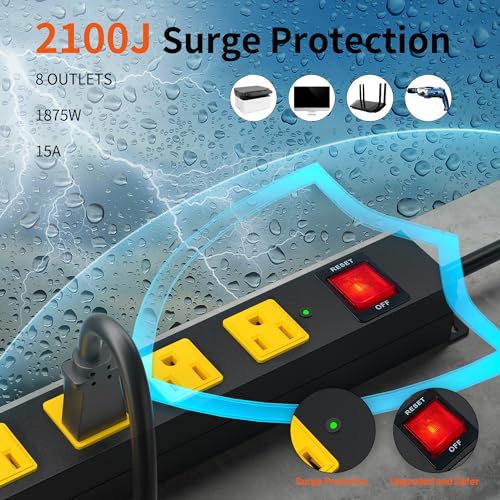 OKCHILD 8 Outlet Metal Heavy Duty Long Power Strip, 2100J Surge Protector with 6 FT Extension Cord, Wide Spaced and Wall Mount Powerstrip for Home, Industrial, Workshop & Garage (6FT) - Image 5