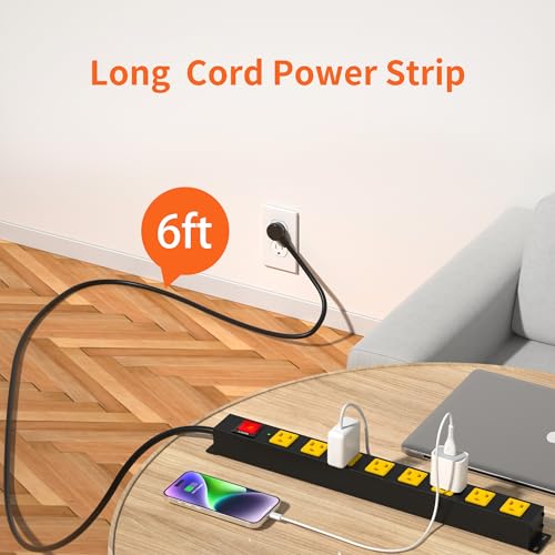 OKCHILD 8 Outlet Metal Heavy Duty Long Power Strip, 2100J Surge Protector with 6 FT Extension Cord, Wide Spaced and Wall Mount Powerstrip for Home, Industrial, Workshop & Garage (6FT) - Image 2