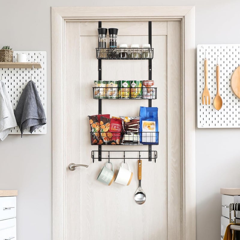 ETELI Over the Door Pantry Organizer 3 Tier Hanging Basket Back Door Storage Rack Shelf Metal Over the Door Shelves with 3 Baskets and 5 Hooks for Bathroom Kitchen Pantry Bedroom, Black - Image 5