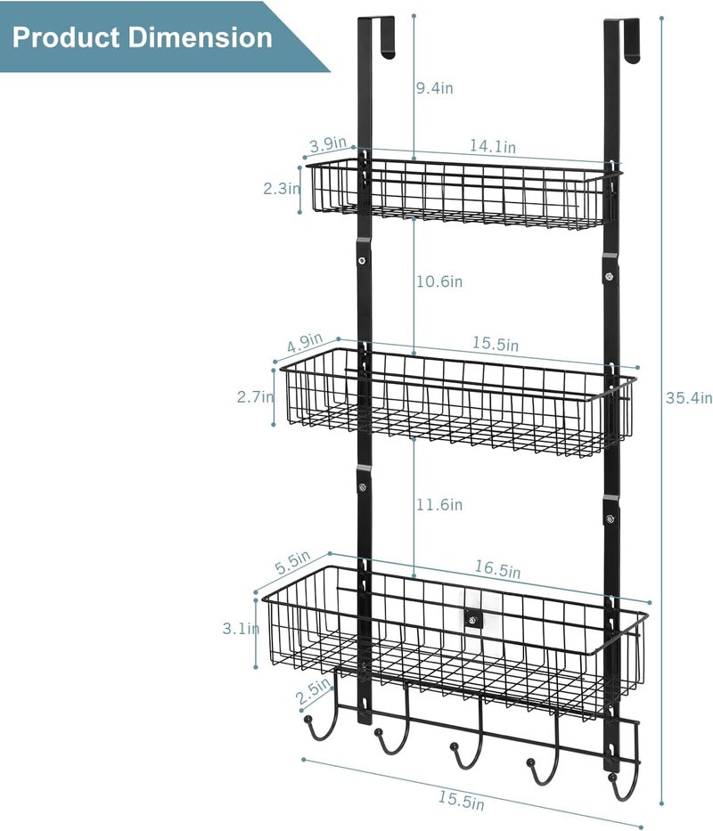 ETELI Over the Door Pantry Organizer 3 Tier Hanging Basket Back Door Storage Rack Shelf Metal Over the Door Shelves with 3 Baskets and 5 Hooks for Bathroom Kitchen Pantry Bedroom, Black - Image 2