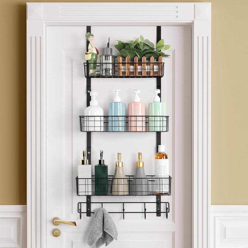 ETELI Over the Door Pantry Organizer 3 Tier Hanging Basket Back Door Storage Rack Shelf Metal Over the Door Shelves with 3 Baskets and 5 Hooks for Bathroom Kitchen Pantry Bedroom, Black - Image 1
