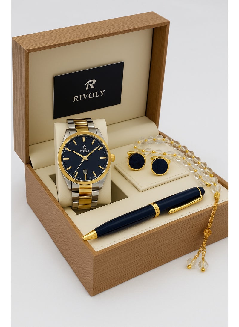 ريفولي طقم ساعة رجالي فاخر من الستانلس ستيل للهدايا مع قلم وأزرار أكمام وسبحة أنيقة - Image 2