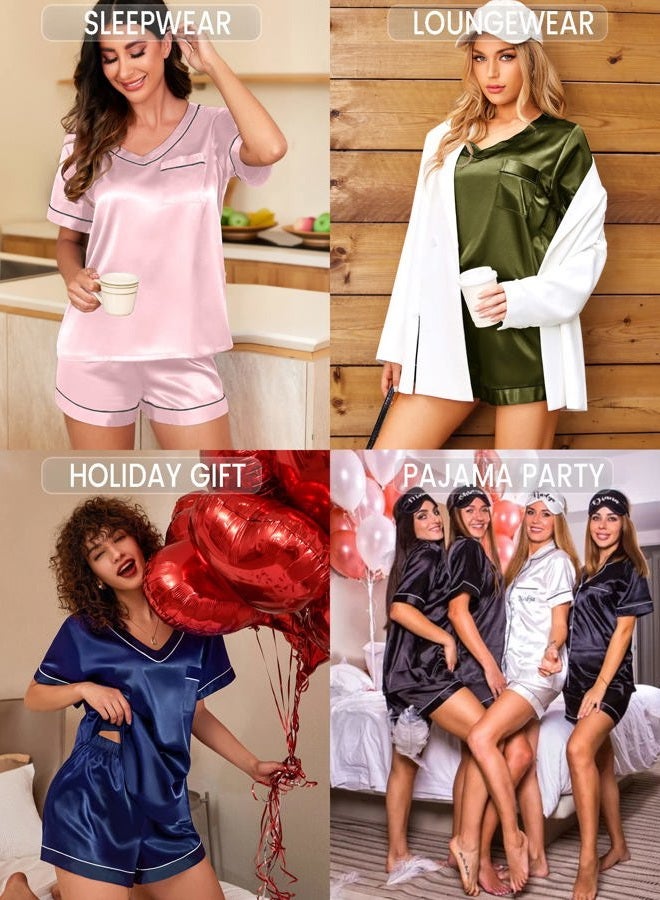 Ekouaer Women's Satin Short Sleeve V-Neck Sleepwear Nightwear Pajama Set, Rose Red, S - Image 4