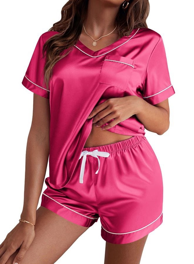 Ekouaer Women's Satin Short Sleeve V-Neck Sleepwear Nightwear Pajama Set, Rose Red, S - Image 1