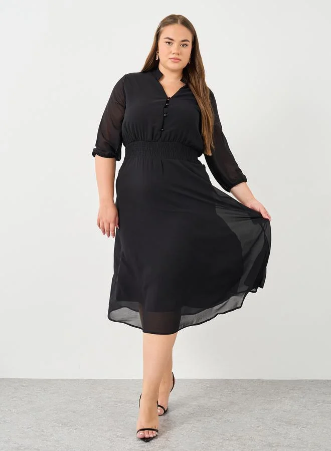 ستايلي Styli Plus A-Line Midi Dress with 3/4 Sleeves