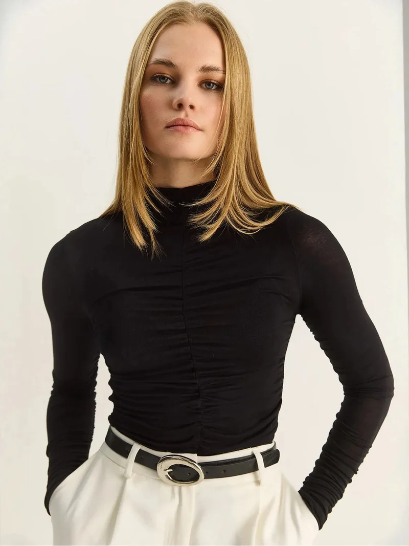 Bianco Lucci Black LUCCI Slim Fit Half Turtleneck Blouse with Drape Detail for Women | Best Price UAE