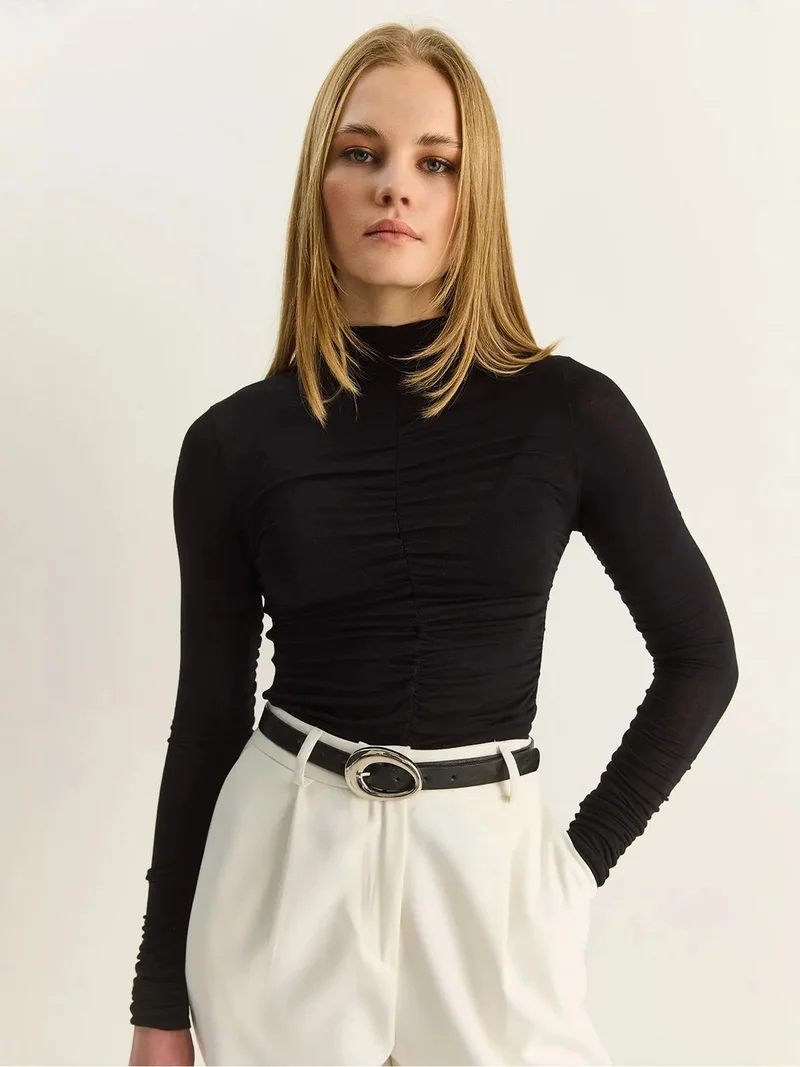 Bianco Lucci Black LUCCI Slim Fit Half Turtleneck Blouse with Drape Detail for Women | Best Price UAE
