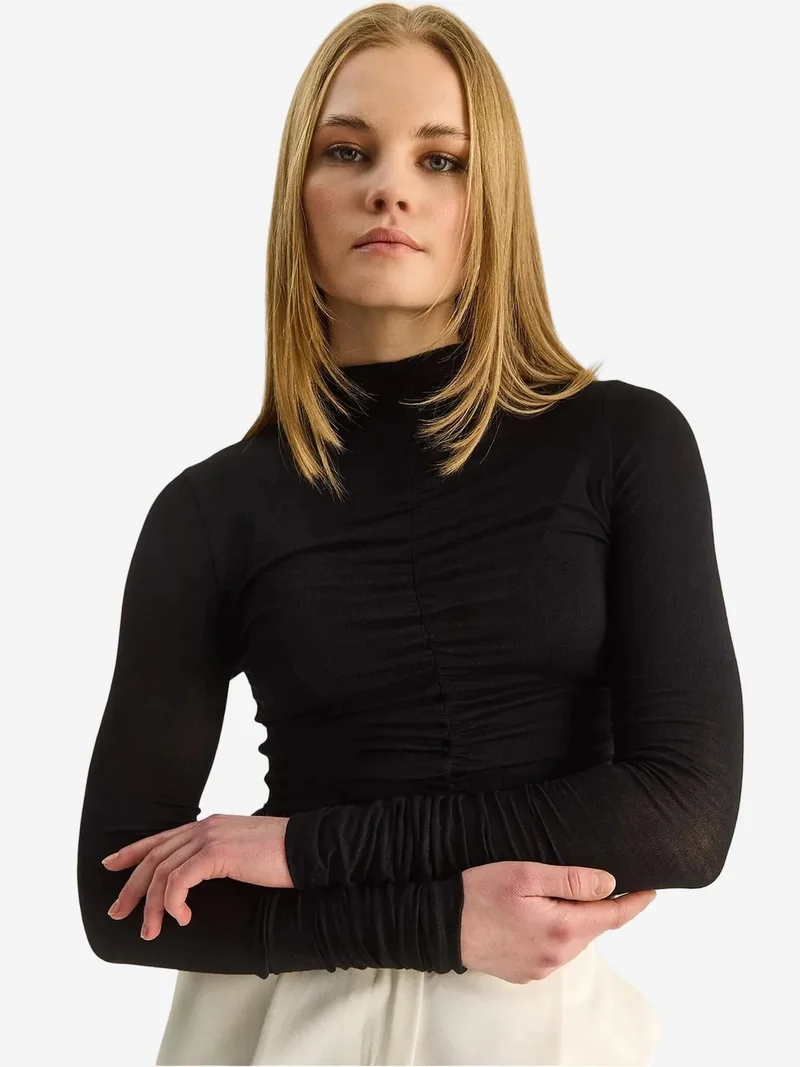 Bianco Lucci Black LUCCI Slim Fit Half Turtleneck Blouse with Drape Detail for Women | Best Price UAE