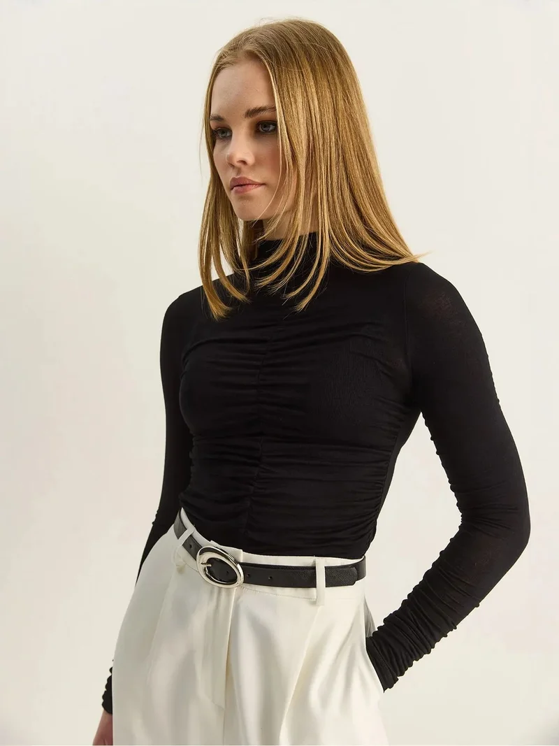 Bianco Lucci Black LUCCI Slim Fit Half Turtleneck Blouse with Drape Detail for Women | Best Price UAE