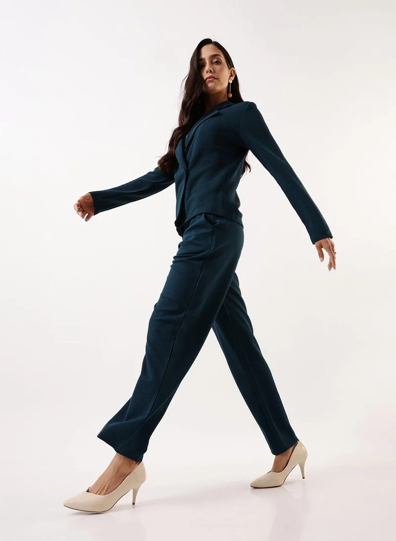 Women's Teal 100% Polyester Solid Single-Breasted Upper Full Length Casual Bottom Regular Fit Co-Ords