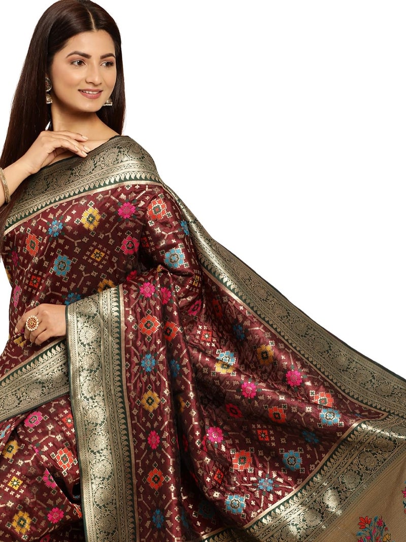 Amirati Handloom Patola Silk Saree With Rich Pallu Meenakari Work And Unstitched Blouse Piece (Maroon) - Image 1
