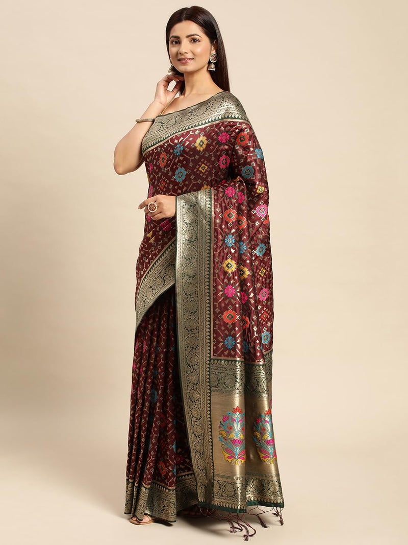 Amirati Handloom Patola Silk Saree With Rich Pallu Meenakari Work And Unstitched Blouse Piece (Maroon) - Image 3