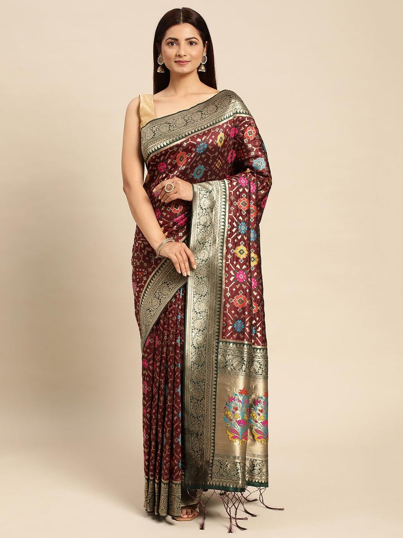 Amirati Handloom Patola Silk Saree With Rich Pallu Meenakari Work And Unstitched Blouse Piece (Maroon) - Image 2