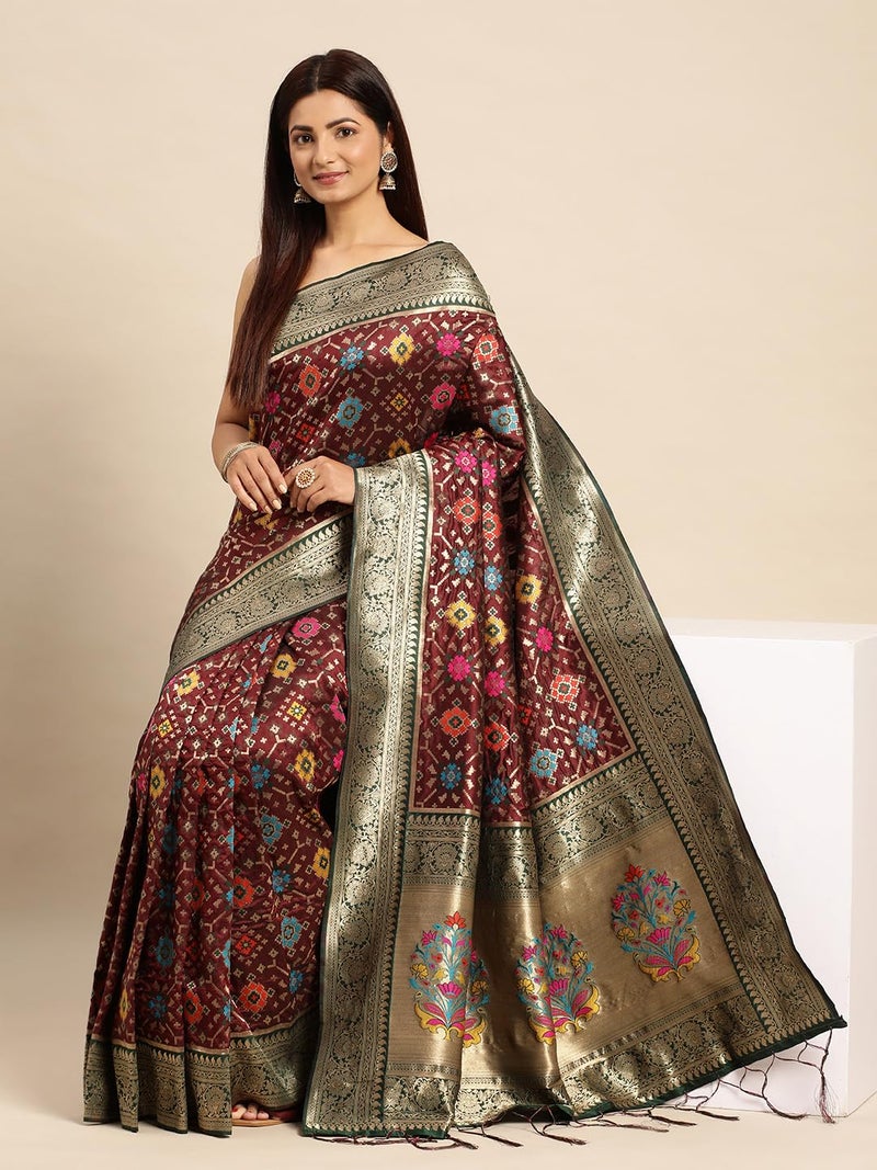 Amirati Handloom Patola Silk Saree With Rich Pallu Meenakari Work And Unstitched Blouse Piece (Maroon) - Image 5