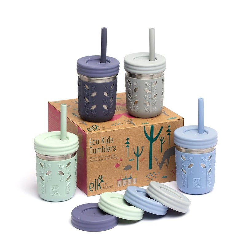Elk and Friends برطمانات ماسون من الفولاذ المقاوم للصدأ للأطفال سعة 10 أونصات من Elk and Friends + أكمام + أغطية | 4 قطع - Image 1