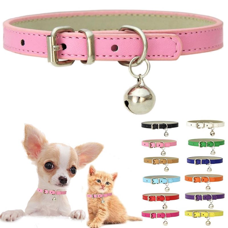 Weimostar Pink XXS Cat Collar with Bell, Soft Pu Leather Puppy Collars Adjustable Buckle for XS Extra Small Medium Tiny Female Girl Pets Dogs Kitten Teacup Yorkie XX-Small - Image 1
