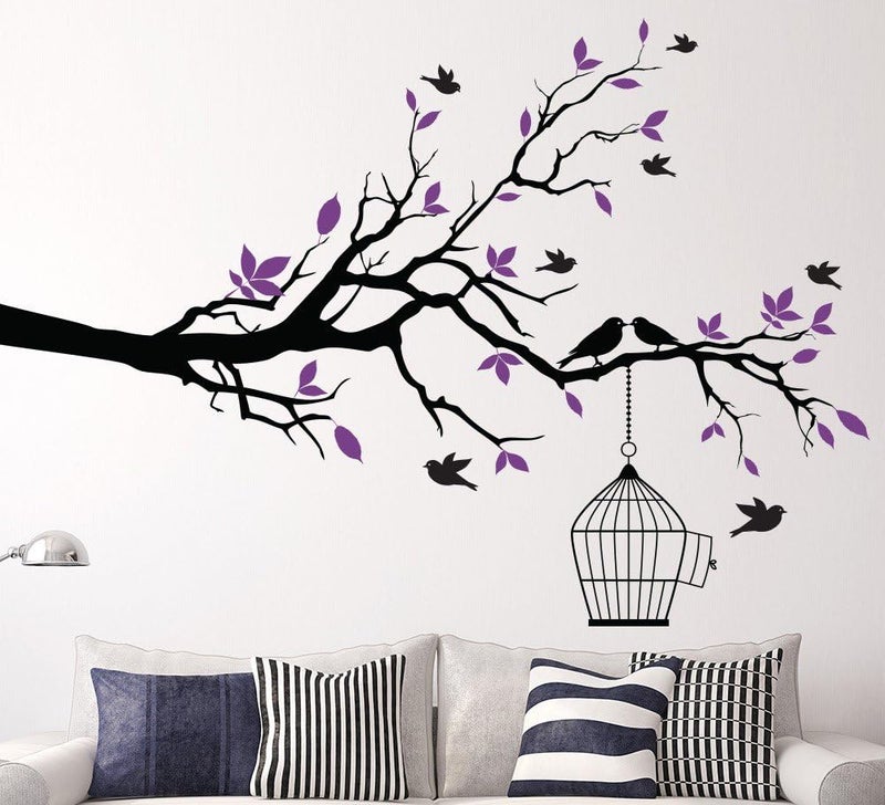Asmi Collection Asmi PVC Wall Stickers - Black Branches with Purple Leaves and Birds - Image 1