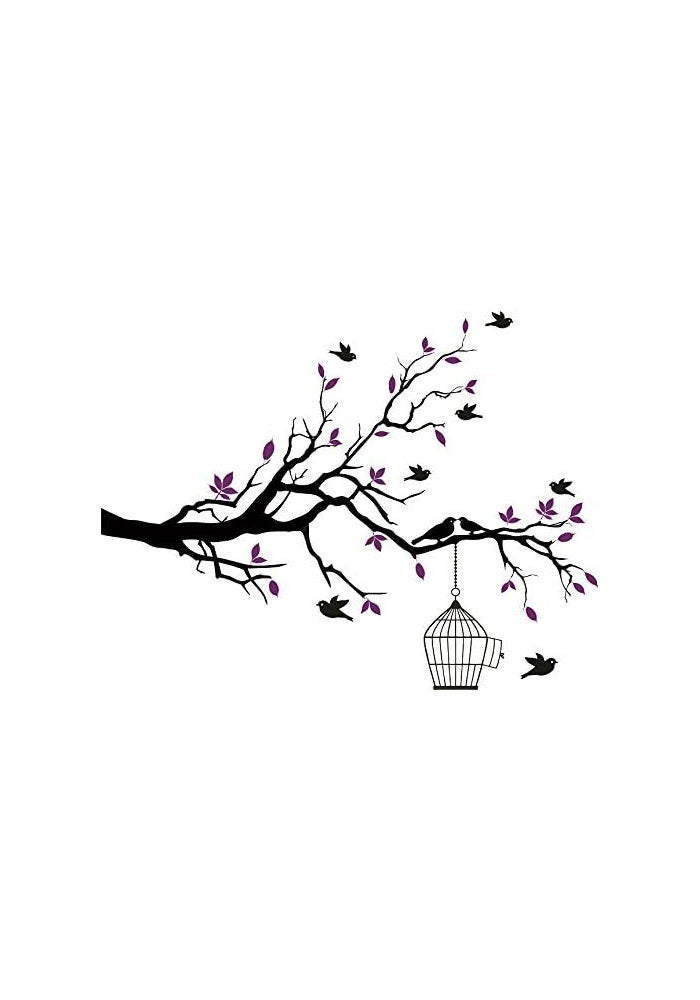 Asmi Collection Asmi PVC Wall Stickers - Black Branches with Purple Leaves and Birds - Image 2