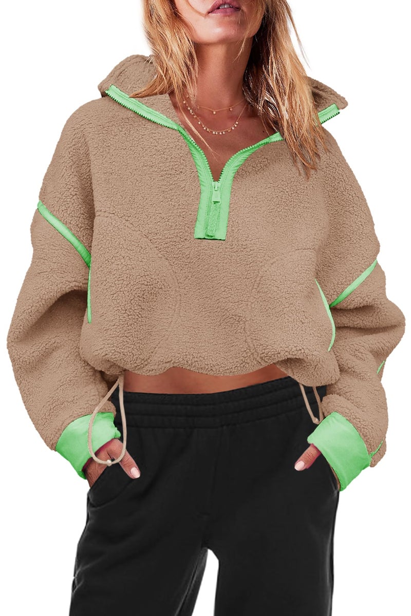 Panadila Womens Half Zip Sherpa Fleece Pullover Soft Oversized Sweatshirt with Pockets Warm Fuzzy Sweater (Light Khaki,M) - Image 2