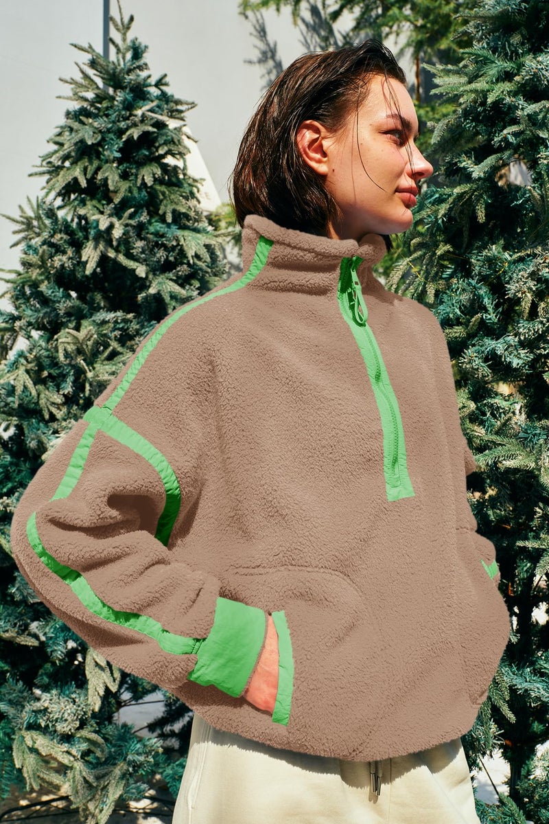 Panadila Womens Half Zip Sherpa Fleece Pullover Soft Oversized Sweatshirt with Pockets Warm Fuzzy Sweater (Light Khaki,M) - Image 3