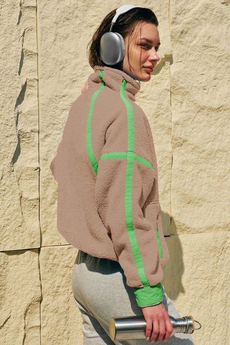Panadila Womens Half Zip Sherpa Fleece Pullover Soft Oversized Sweatshirt with Pockets Warm Fuzzy Sweater (Light Khaki,M) - Image 5