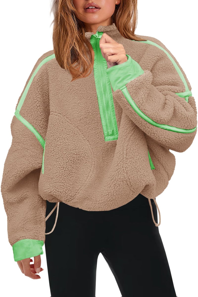 Panadila Womens Half Zip Sherpa Fleece Pullover Soft Oversized Sweatshirt with Pockets Warm Fuzzy Sweater (Light Khaki,M) - Image 1