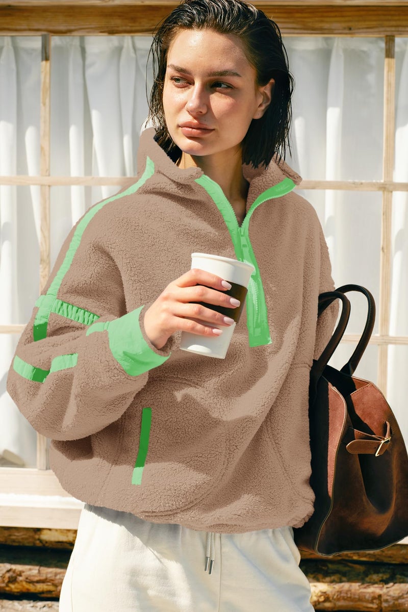 Panadila Womens Half Zip Sherpa Fleece Pullover Soft Oversized Sweatshirt with Pockets Warm Fuzzy Sweater (Light Khaki,M) - Image 4