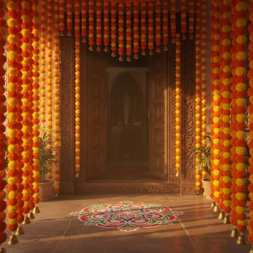 Caneuf Genda Phool Artificial Marigold Fluffy Flower Garlands - Perfect for Diwali, Navratri, Durga Pooja Festival, and Office Decoration (Yellow Orange Mix, Pack of 10) - Image 4