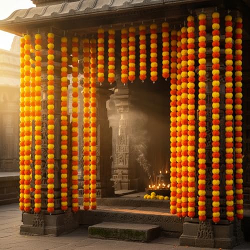 Caneuf Genda Phool Artificial Marigold Fluffy Flower Garlands - Perfect for Diwali, Navratri, Durga Pooja Festival, and Office Decoration (Yellow Orange Mix, Pack of 10) - Image 3