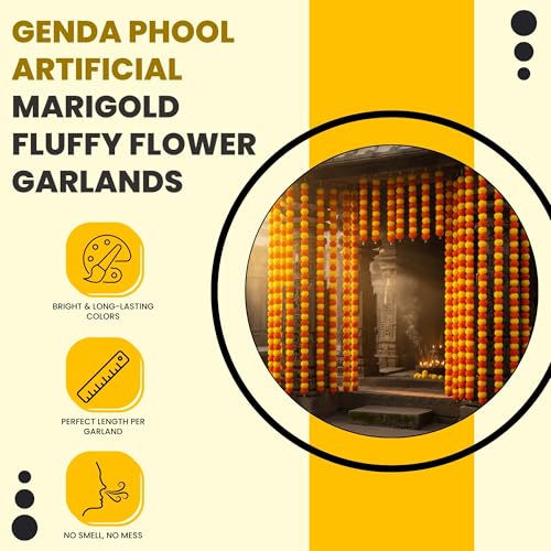 Caneuf Genda Phool Artificial Marigold Fluffy Flower Garlands - Perfect for Diwali, Navratri, Durga Pooja Festival, and Office Decoration (Yellow Orange Mix, Pack of 10) - Image 2