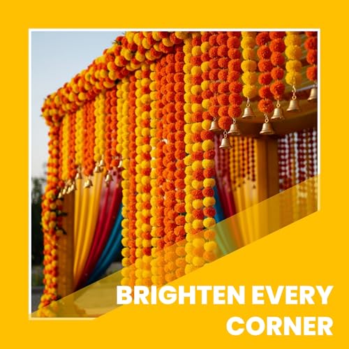 Caneuf Genda Phool Artificial Marigold Fluffy Flower Garlands - Perfect for Diwali, Navratri, Durga Pooja Festival, and Office Decoration (Yellow Orange Mix, Pack of 10) - Image 5