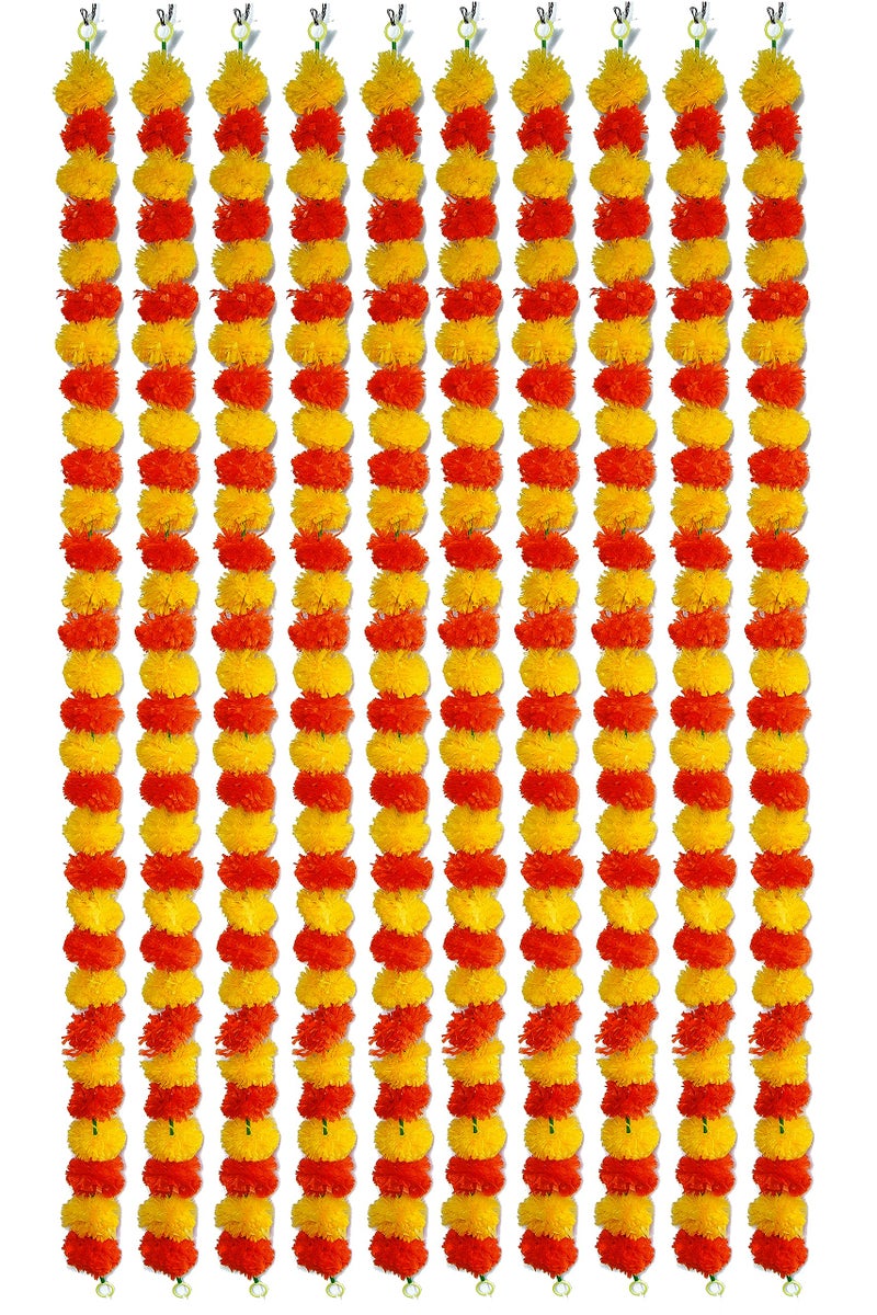 Caneuf Genda Phool Artificial Marigold Fluffy Flower Garlands - Perfect for Diwali, Navratri, Durga Pooja Festival, and Office Decoration (Yellow Orange Mix, Pack of 10) - Image 1