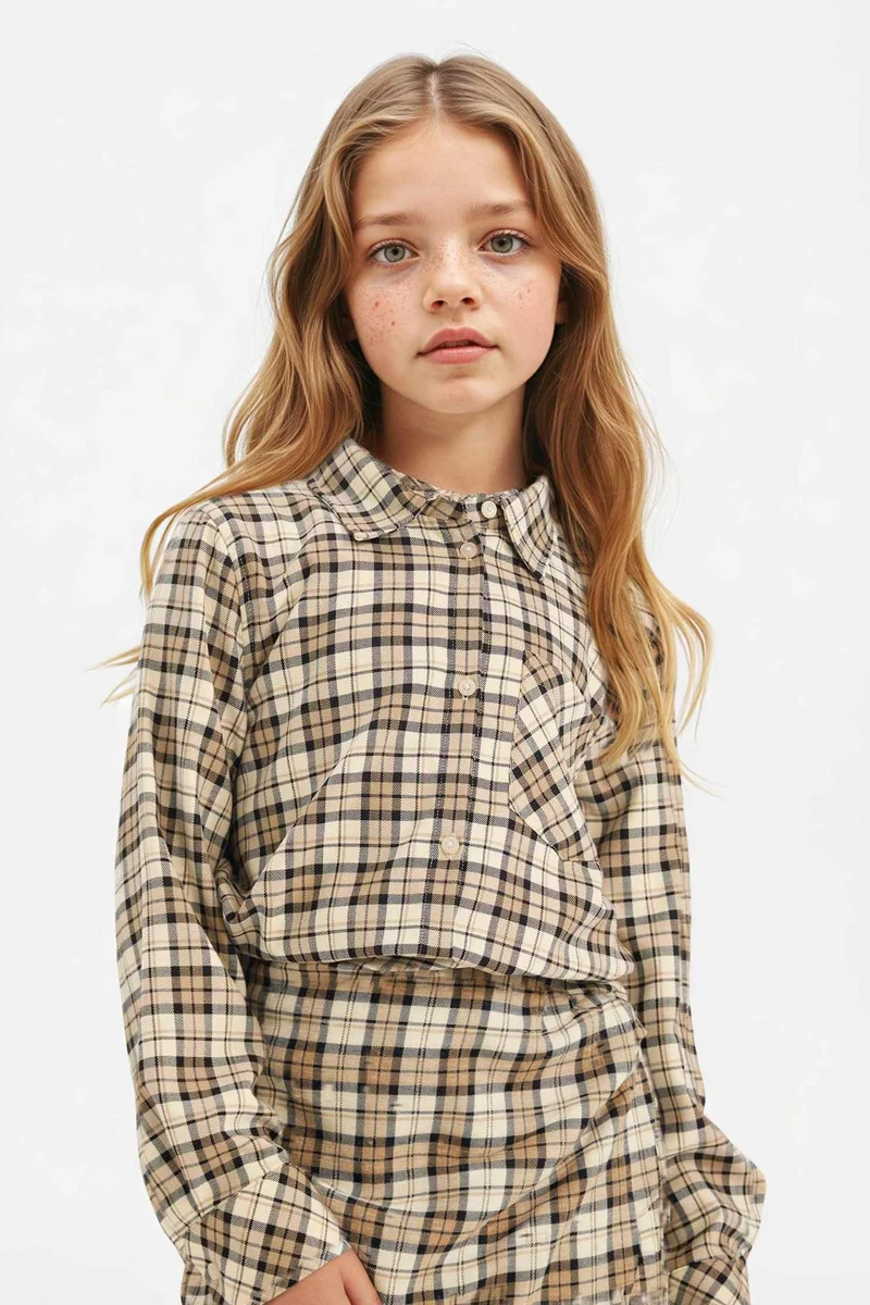 ديفاكتو Girl Oxford Plaid Long Sleeve Shirt