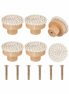 Wooden Drawer Knobs, Rattan Dresser Knobs Round Handmade Wicker Woven and Screws for Boho Furniture Knobs Cabinets Dresser Handles Hardware Pulls Cabinet Knobs (Wood Color (35*30mm))