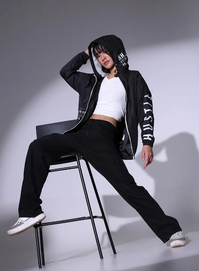 هوبرهولمي Women's Black 100% Polyester Printed Relaxed Jacket