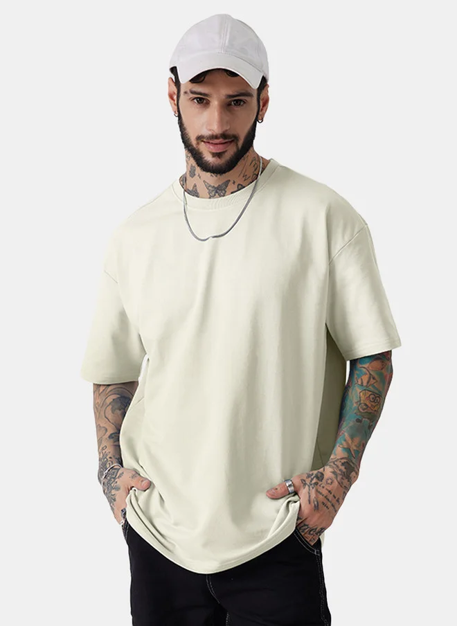ذا سوليد ستور The Souled Store Men Solid Off White Cotton Oversized Fit T-Shirt